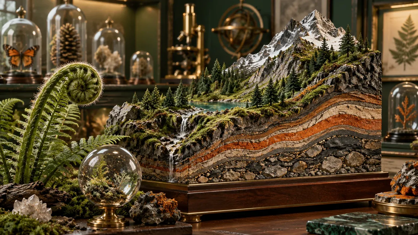 Diorama naturaliste associant une coupe géologique de montagne, une forêt et une fougère.